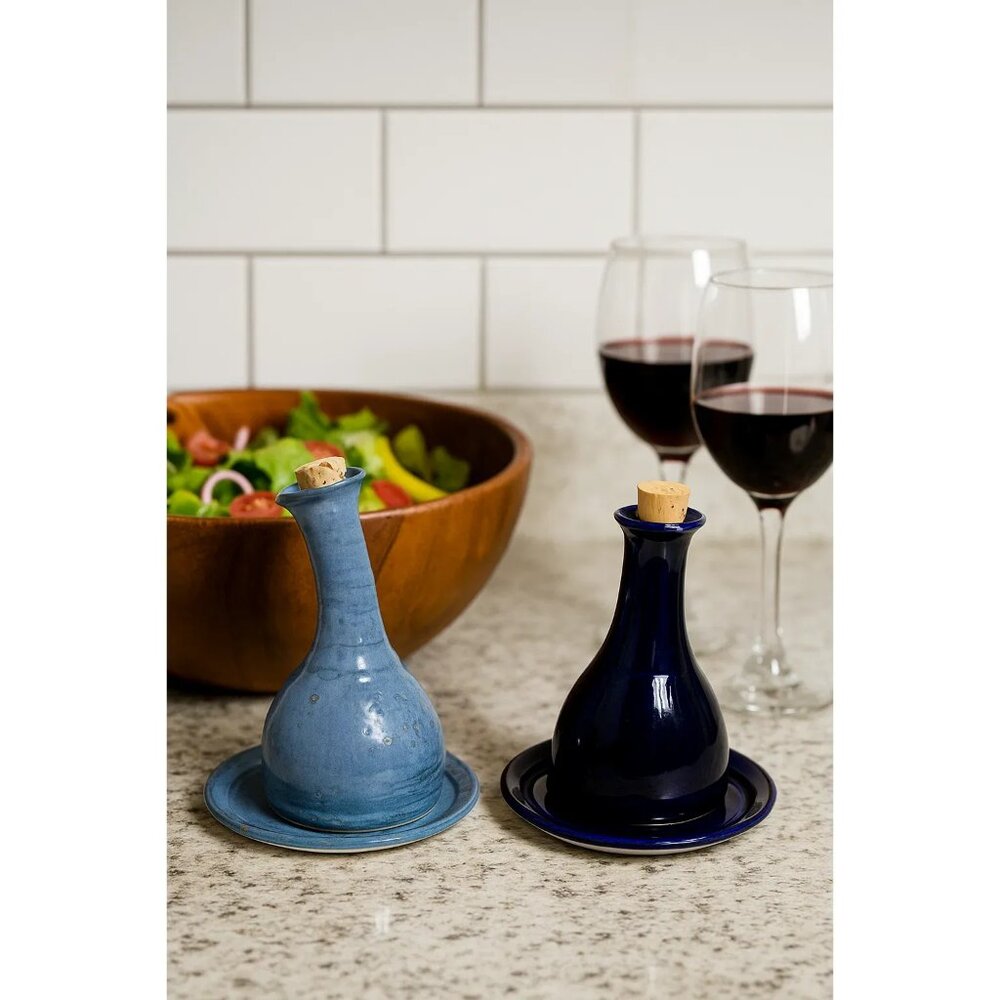 Kazooti Clay Studios Oil Vinegar Cruet Bottle Set With Corks & Matching Plates